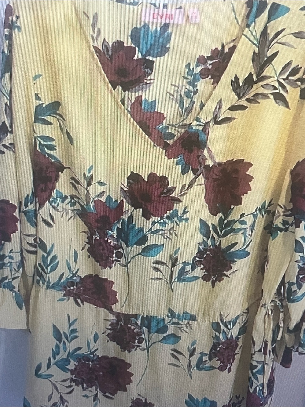 EVRI Yellow Floral Wrap Tunic with Teal and Burgundy Accents